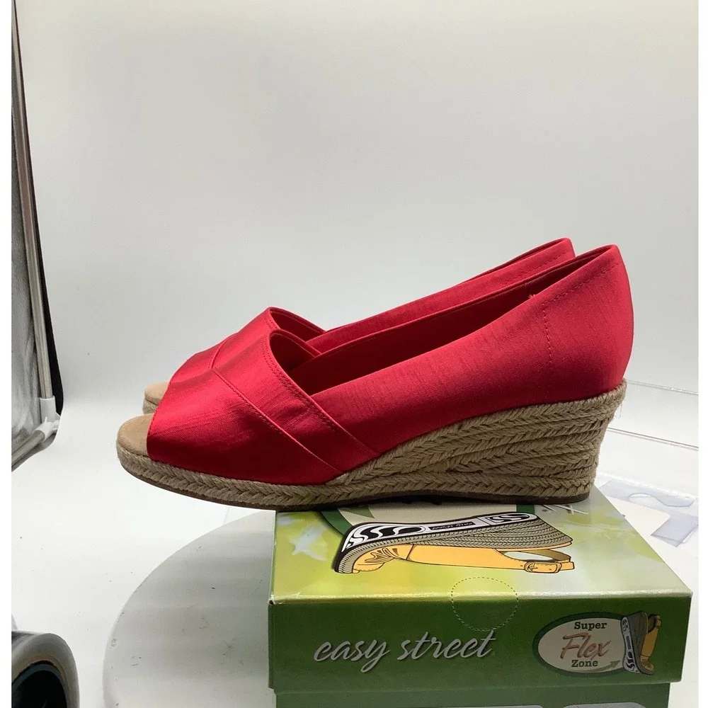 Easy Street Red Fabric Peep Toe‎ Espadrille Wedge Sandals Womens 8.5W 8 1/2 W